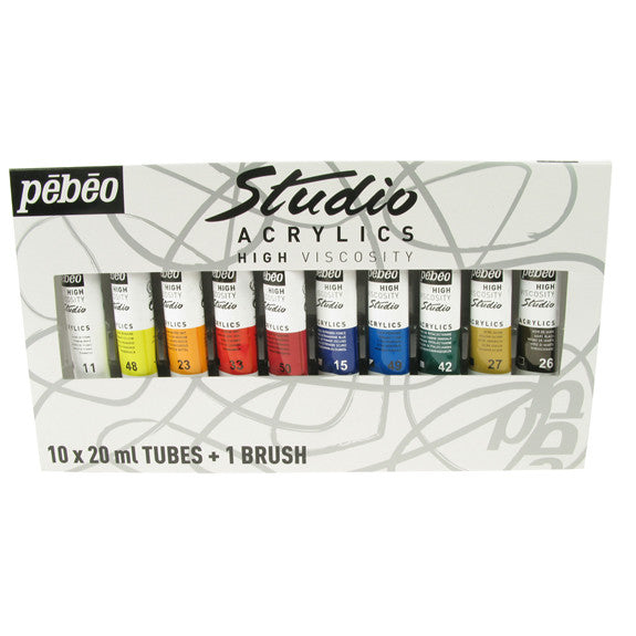 Pebeo Studio Acrylic Sets - 10 X 20ml Set + Brush Supply